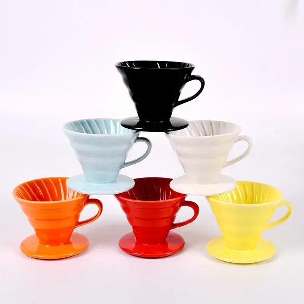 Ceramic pour over dripper with engine-style spiral ribs, single-hole base, and detachable stand for 1 to 4 cups