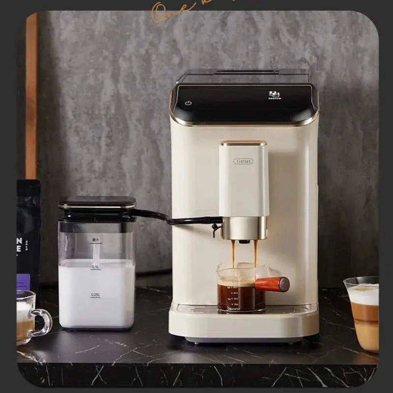 Coffee machine with milk frother and cup on a dark surface