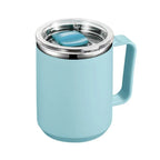 Light blue insulated mug with a handle and silver lid on a white background
