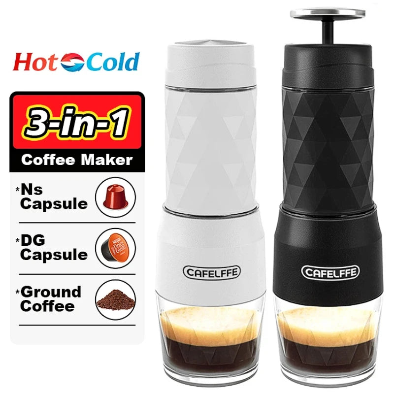 Portable 3-in-1 Cafelffe Manual Espresso Maker in black and white, designed for ground coffee and capsules, with a clear cup below.
