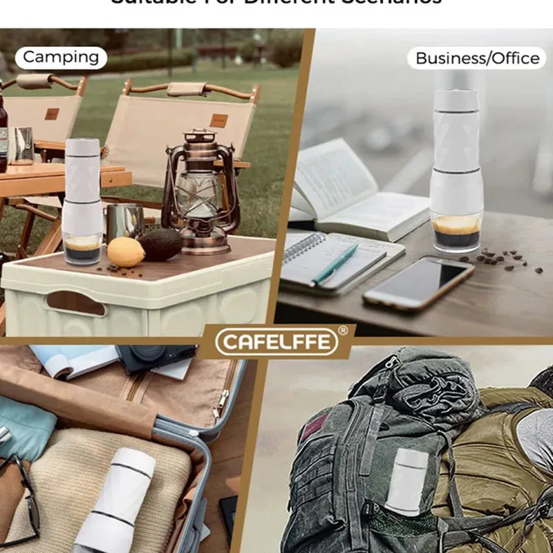 Portable manual espresso maker in white displayed on a camping table, beside a lantern and snacks; shown in business and travel contexts.