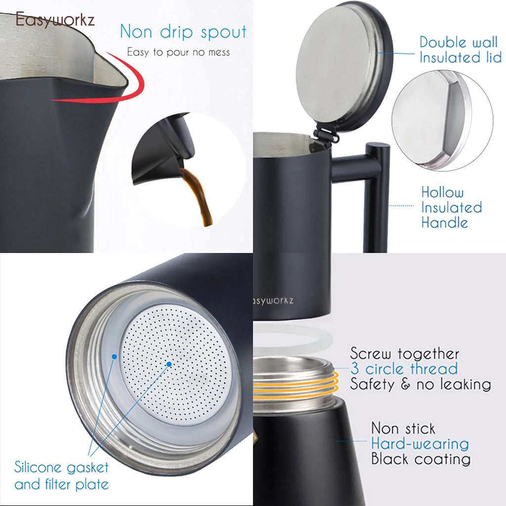 Black insulated coffee maker with non-drip spout, silicone gasket, and filter plate features.