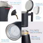 Black insulated coffee maker with non-drip spout, silicone gasket, and filter plate features.