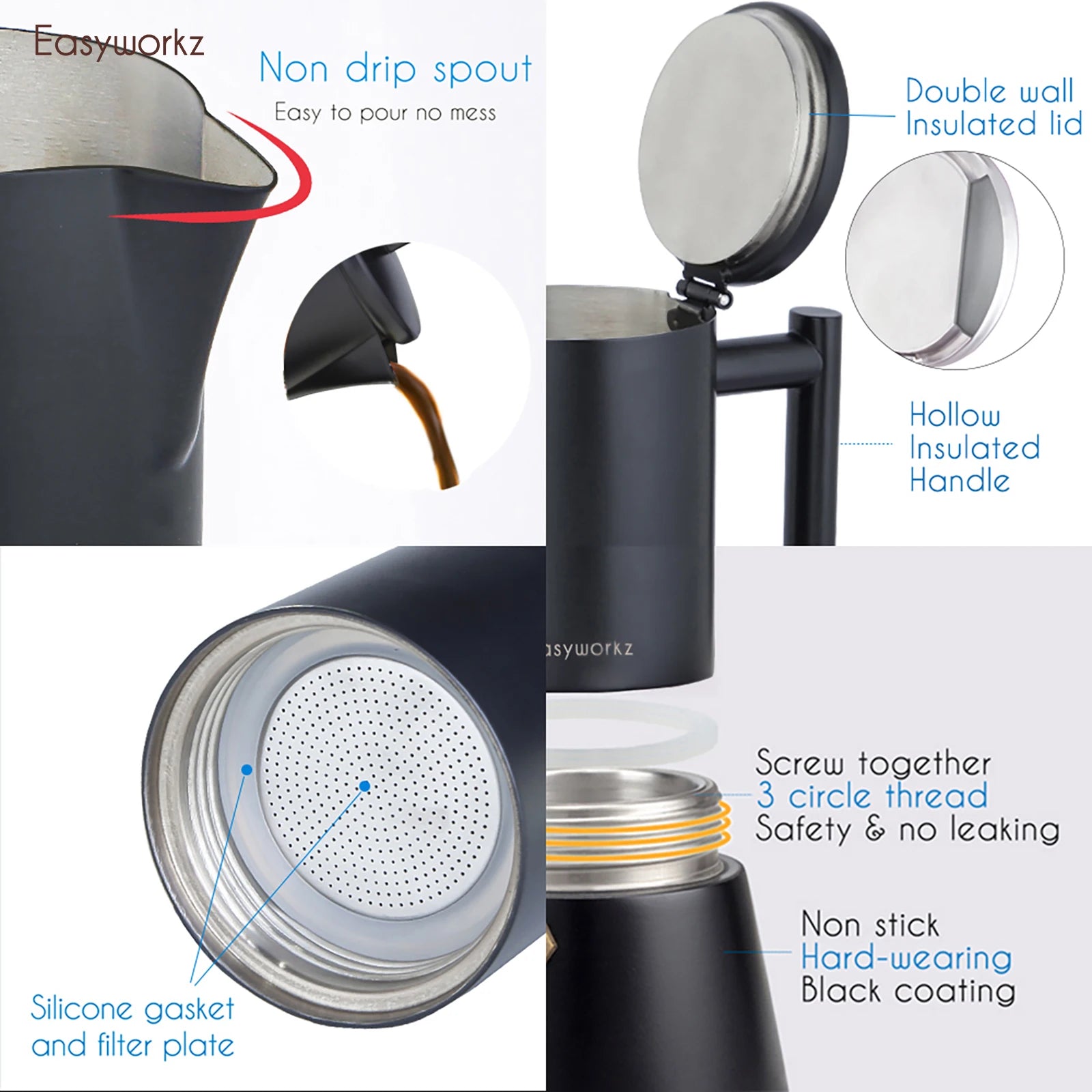 Black insulated coffee maker with non-drip spout, silicone gasket, and filter plate features.