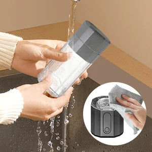Person using a water filter pitcher with a close-up of the filter.