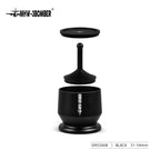 Black coffee distribution tool with tamper and base for espresso preparation, 51-54mm