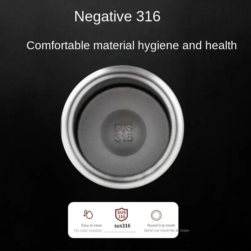 SUS 316 stainless steel interior of a thermal water bottle, ensuring hygiene and durability. Features easy-to-clean, odor-resistant material with a round cup mouth design.
