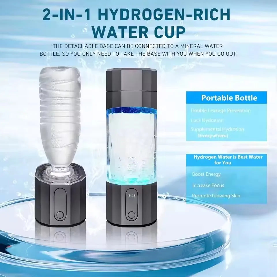 2-in-1 hydrogen-rich water cup with detachable base on a clear surface.