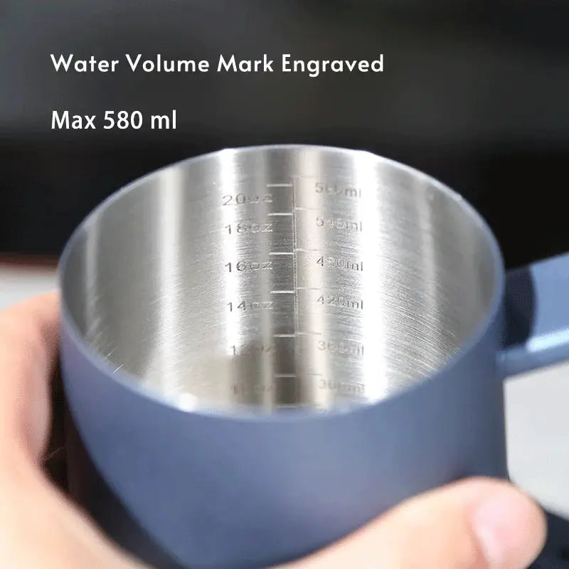 Stainless Steel 600ml Long Gooseneck Spout Barista Espresso Coffee Maker in black and blue with wooden handles, ideal for precision pouring.