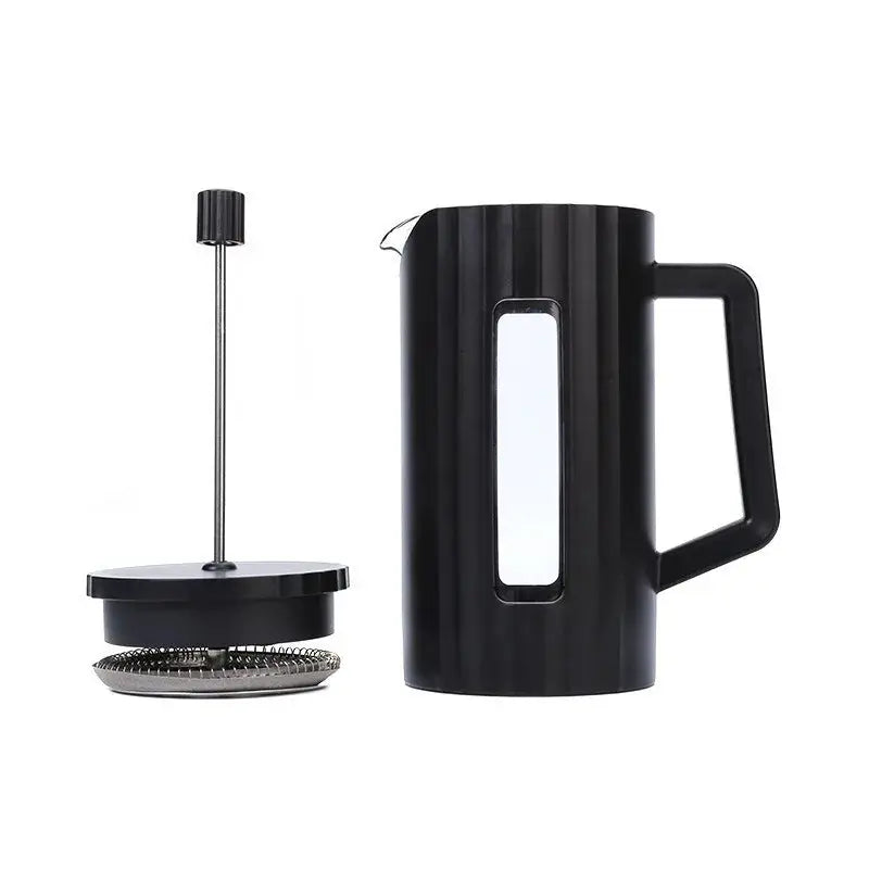 Black French Press Coffee Maker with stainless steel plunger and fine mesh filter. Designed for rich, full-bodied coffee extraction.