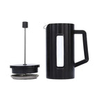 Black French Press Coffee Maker with stainless steel plunger and fine mesh filter. Designed for rich, full-bodied coffee extraction.