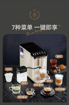 Coffee machine with various coffee beverages on a dark surface