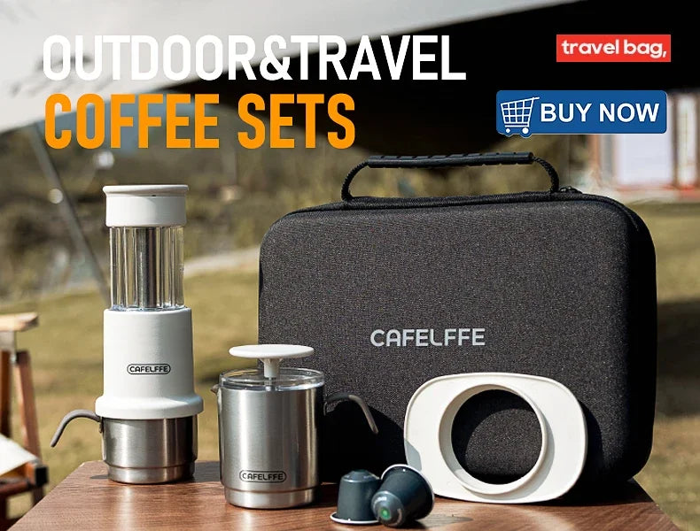 Portable 3-in-1 manual espresso maker in white and stainless steel, compact design with accessories, set against an outdoor backdrop.