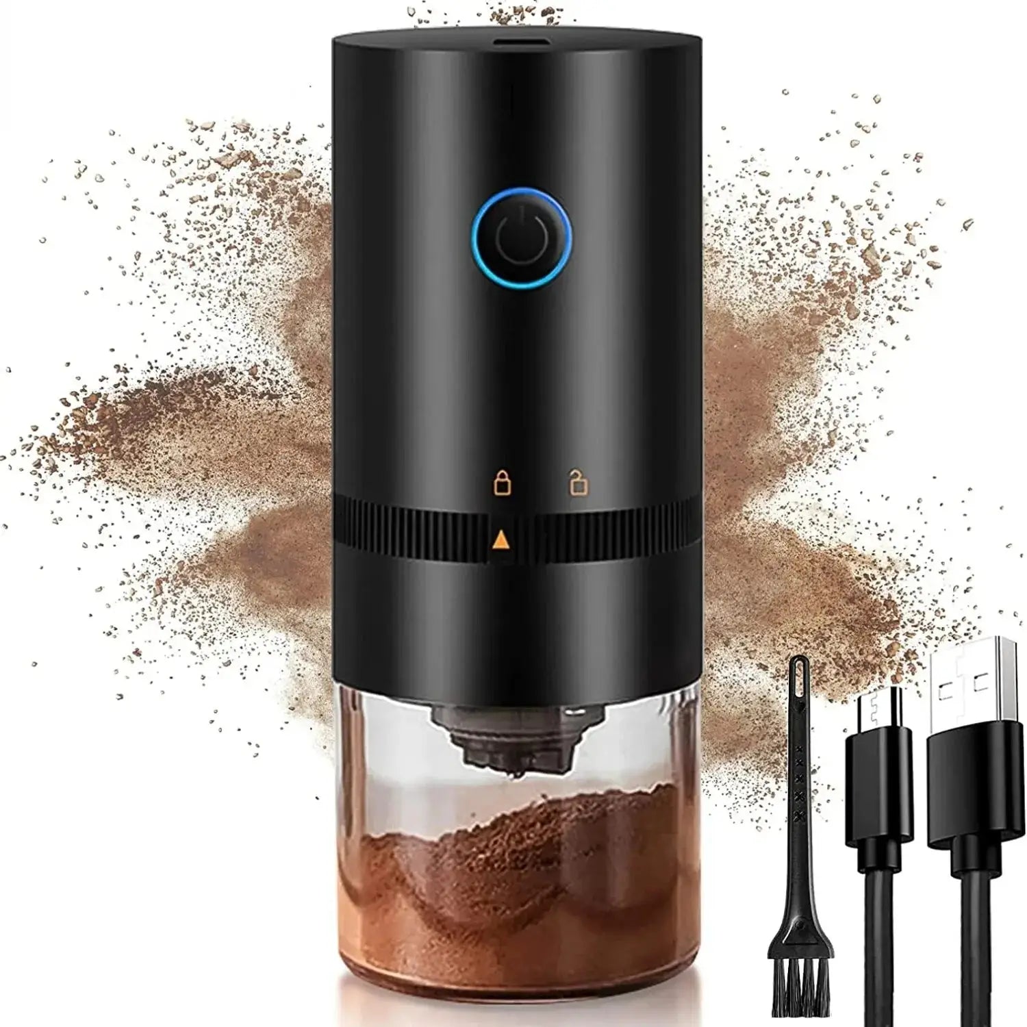 Electric USB coffee grinder with ceramic core, featuring a sleek black design, USB charging cable, and cleaning brush for easy maintenance.
