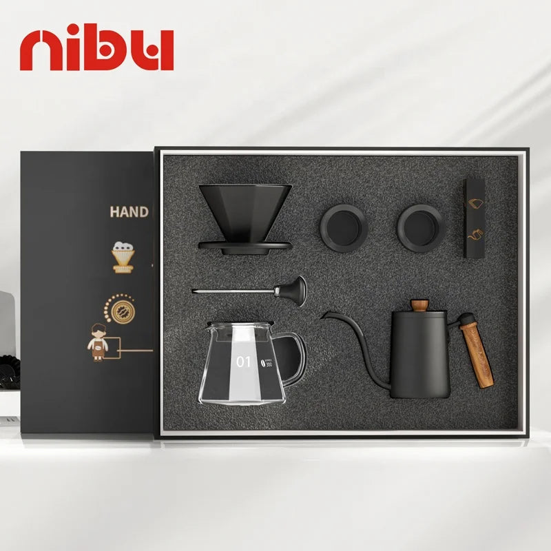 Coffee brewing set with various tools in aNibu branded box on a white background