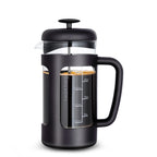French press coffee maker with borosilicate glass carafe, soft grip handle, plastic frame, and stainless steel plunger