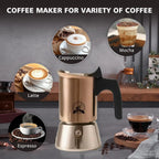 Gold Plated 6 Cup Moka Pot - Stainless Steel Italian Stovetop Espresso Maker, Dual Capacity 4-6 Cups, Induction Ready