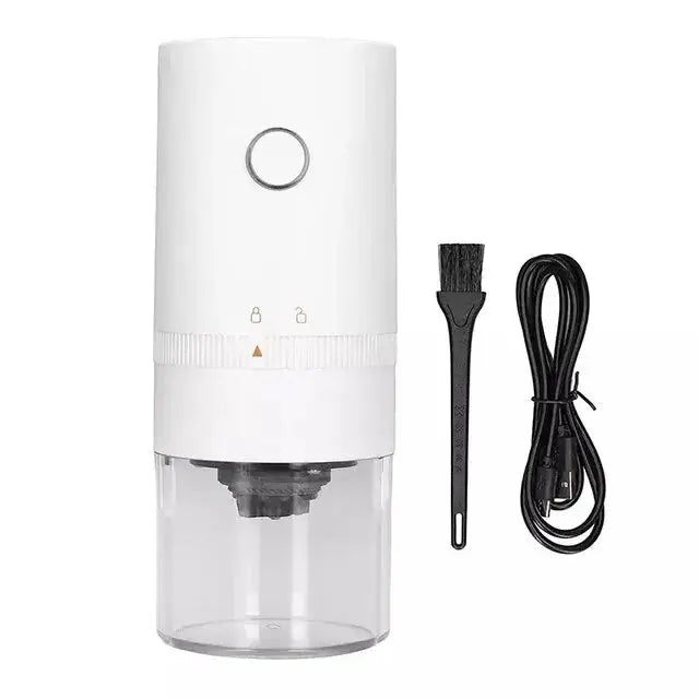 White USB coffee grinder set with a cleaning brush and charging cable, offering a sleek and modern design for coffee enthusiasts.