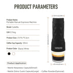 Portable manual espresso maker in black and white, compact design for travel, brews espresso from capsules or grounds.