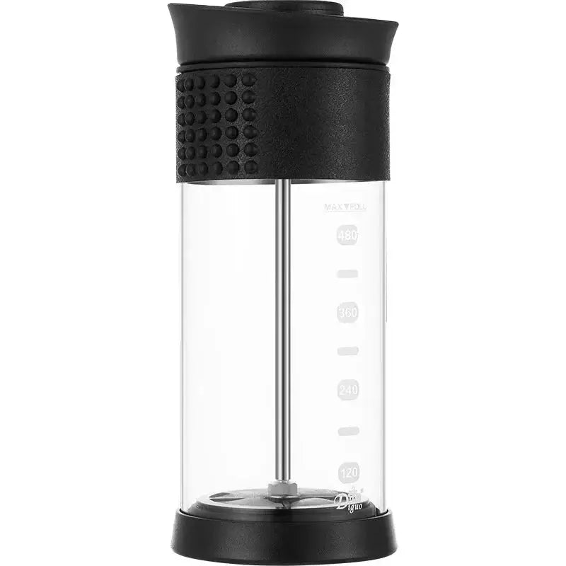 Black and clear portable blender on a white background
