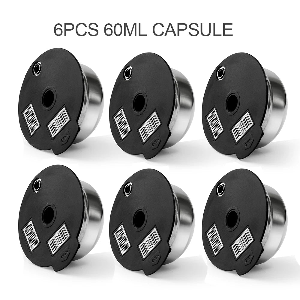 Stainless Steel Reusable Tassimo Pods with 4 Black Silicone Lid Tamper