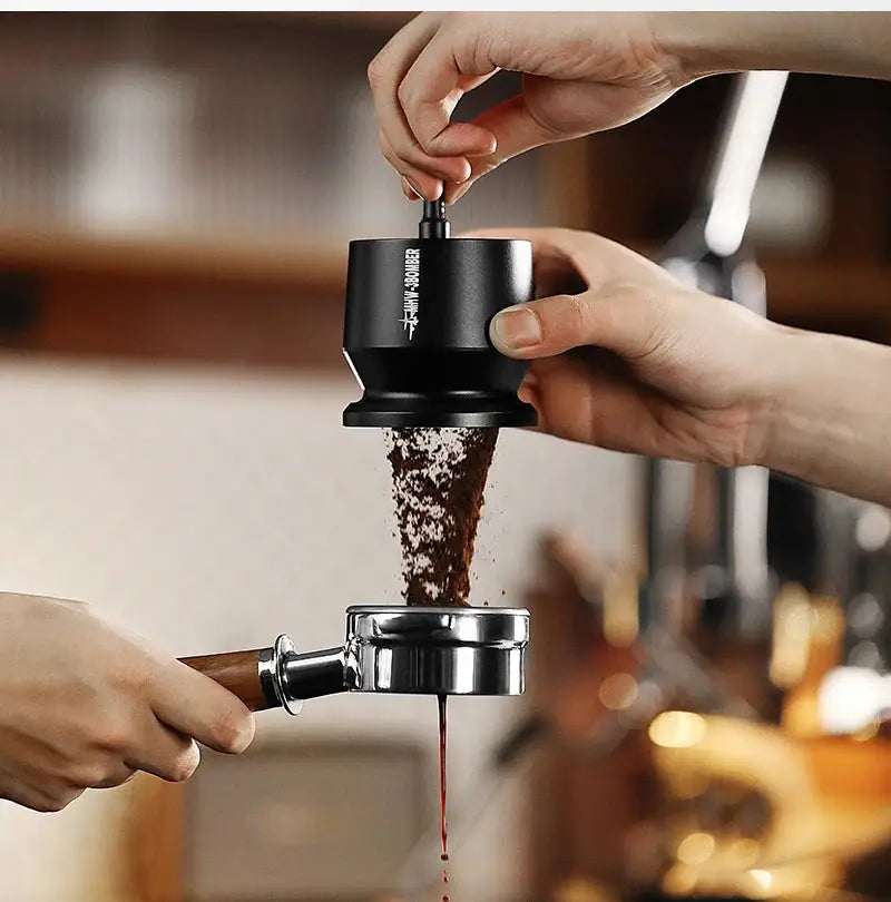 MHW-3BOMBER Coffee Dosing Funnel Aluminum Alloy Dosing Shaker in use with espresso machine, fits 51-54mm portafilters for home barista setup.