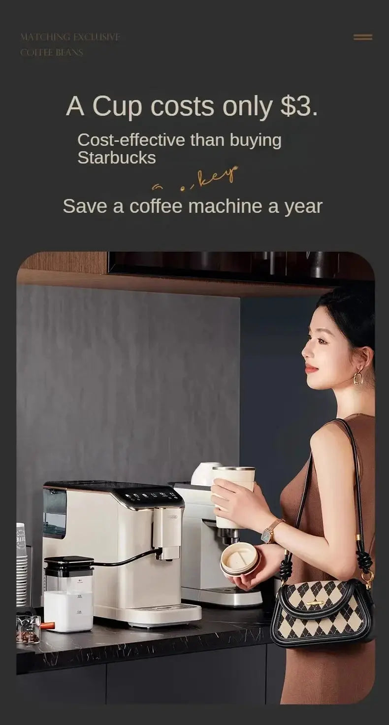 Woman holding a coffee cup next to a coffee machine with promotional text on a dark background