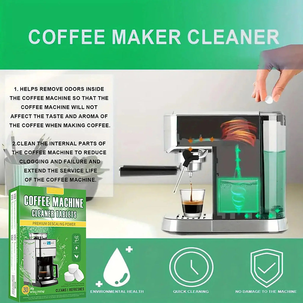 Coffee maker cleaner with a coffee machine and cleaning solution on a green background