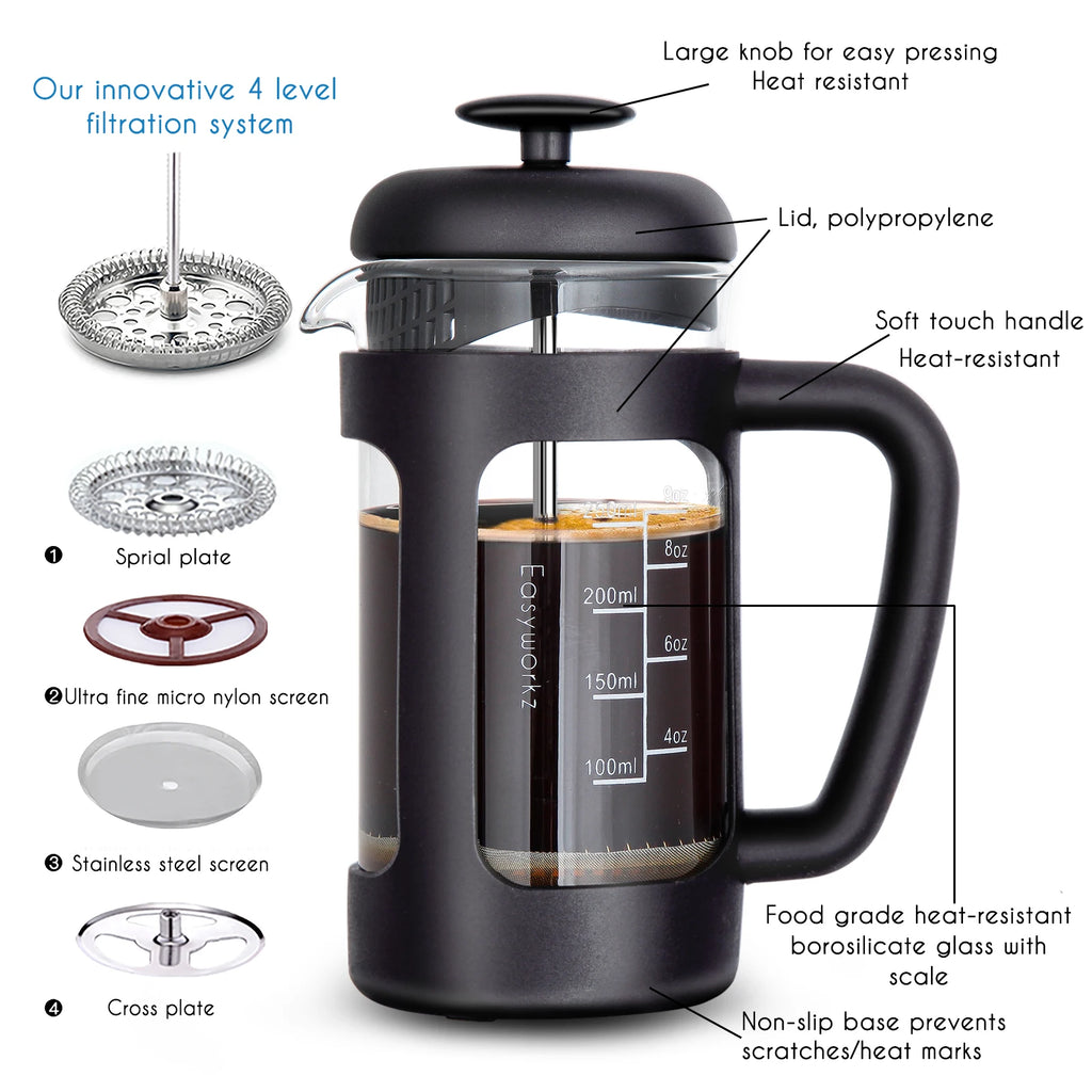 French Press  Coffee Tea Maker with Borosilicate Glass,Soft Grip Handle