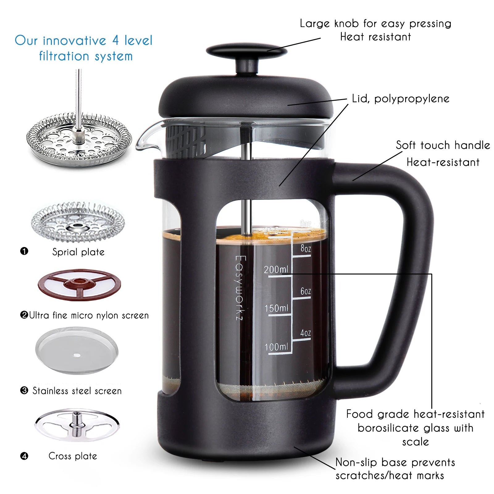 French Press  Coffee Tea Maker with Borosilicate Glass,Soft Grip Handle