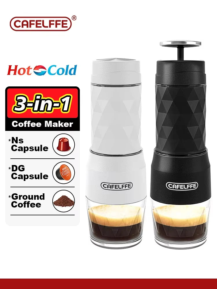 Cafelffe 3-in-1 portable espresso maker with manual hand press for capsules and ground coffee, compact travel brewer