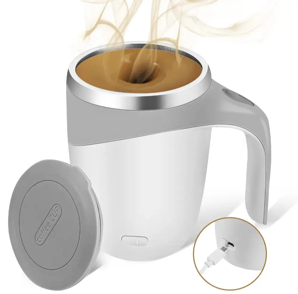 Automatic stirring cup with rechargeable design, mixing coffee effortlessly. Portable stainless steel mug ideal for home or travel use.