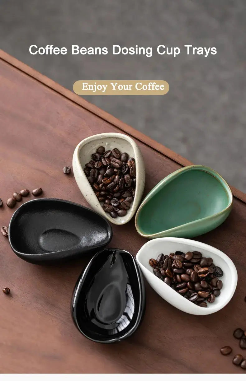 Set of ceramic coffee beans dosing cup trays in various colors, designed for precise espresso bean measuring. Features a tapered spout for easy pouring.
