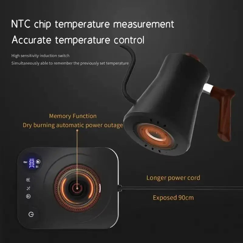 Portable gooseneck electric kettle with NTC chip temperature control and memory function. Features a longer power cord and dry burning protection.