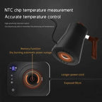 Portable gooseneck electric kettle with NTC chip temperature control and memory function. Features a longer power cord and dry burning protection.