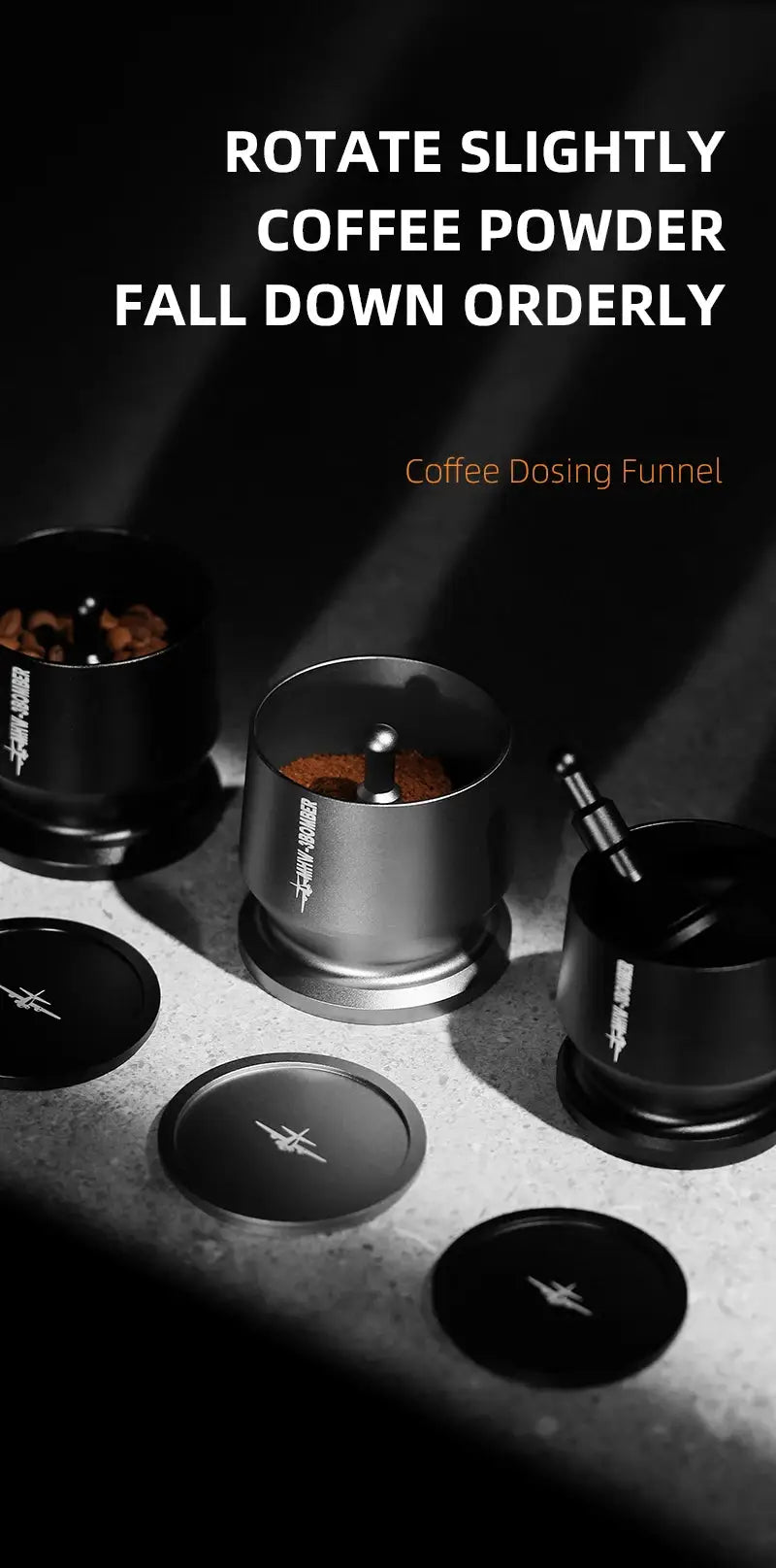 Black metal coffee dosing funnels with lids and ground coffee on a countertop, text overlay about use.