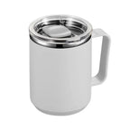 White insulated mug with a silver lid on a white background