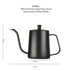 Stainless Steel 600ml Long Gooseneck Spout Barista Espresso Coffee Maker with ergonomic handle and precision pour spout for home brewing. Ideal for pour-over coffee, this black 304 stainless steel kettle is perfect for baristas and kitchen use.