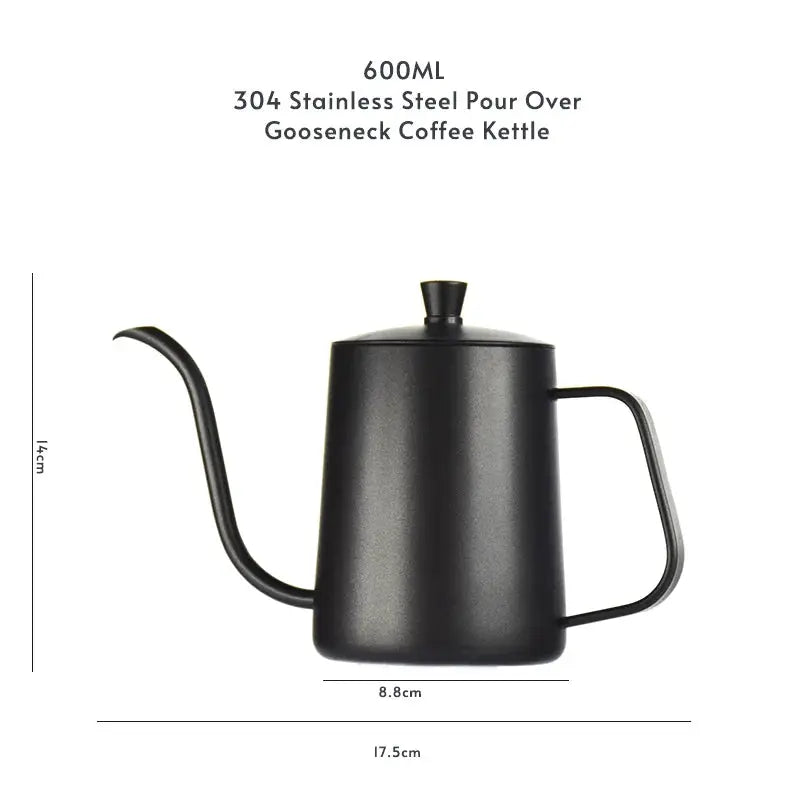 Stainless Steel 600ml Long Gooseneck Spout Barista Espresso Coffee Maker with ergonomic handle and precision pour spout for home brewing. Ideal for pour-over coffee, this black 304 stainless steel kettle is perfect for baristas and kitchen use.