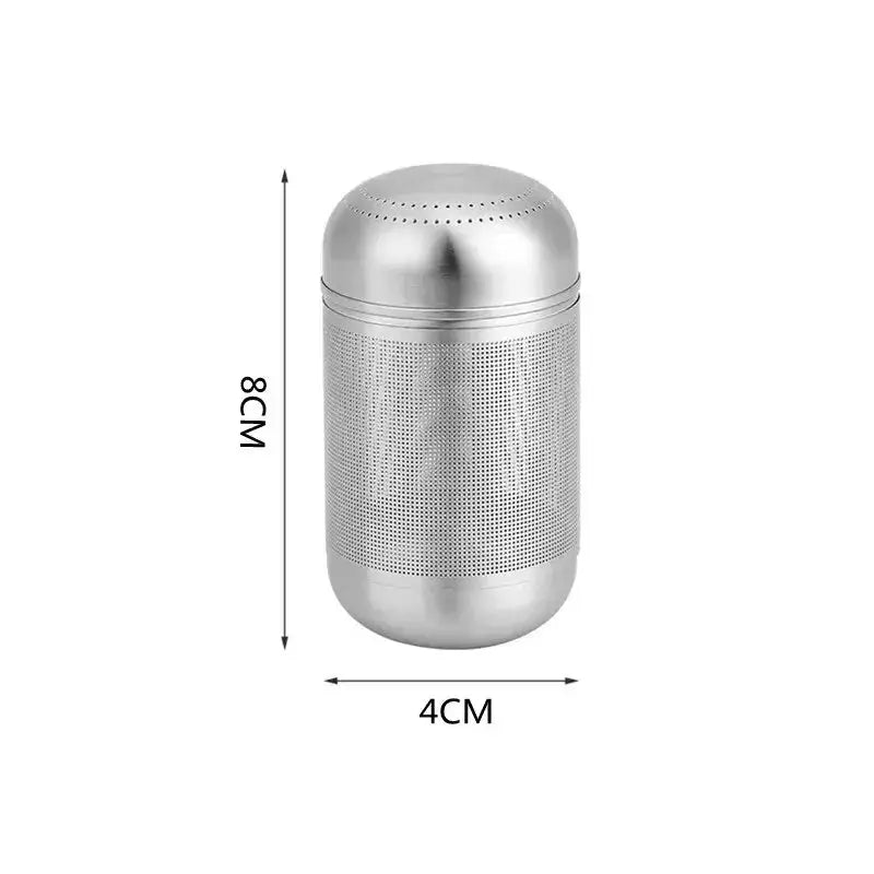 Compact stainless steel tea infuser with dimensions of 8cm x 4cm. Designed for efficient loose leaf tea brewing with fine mesh filtration.