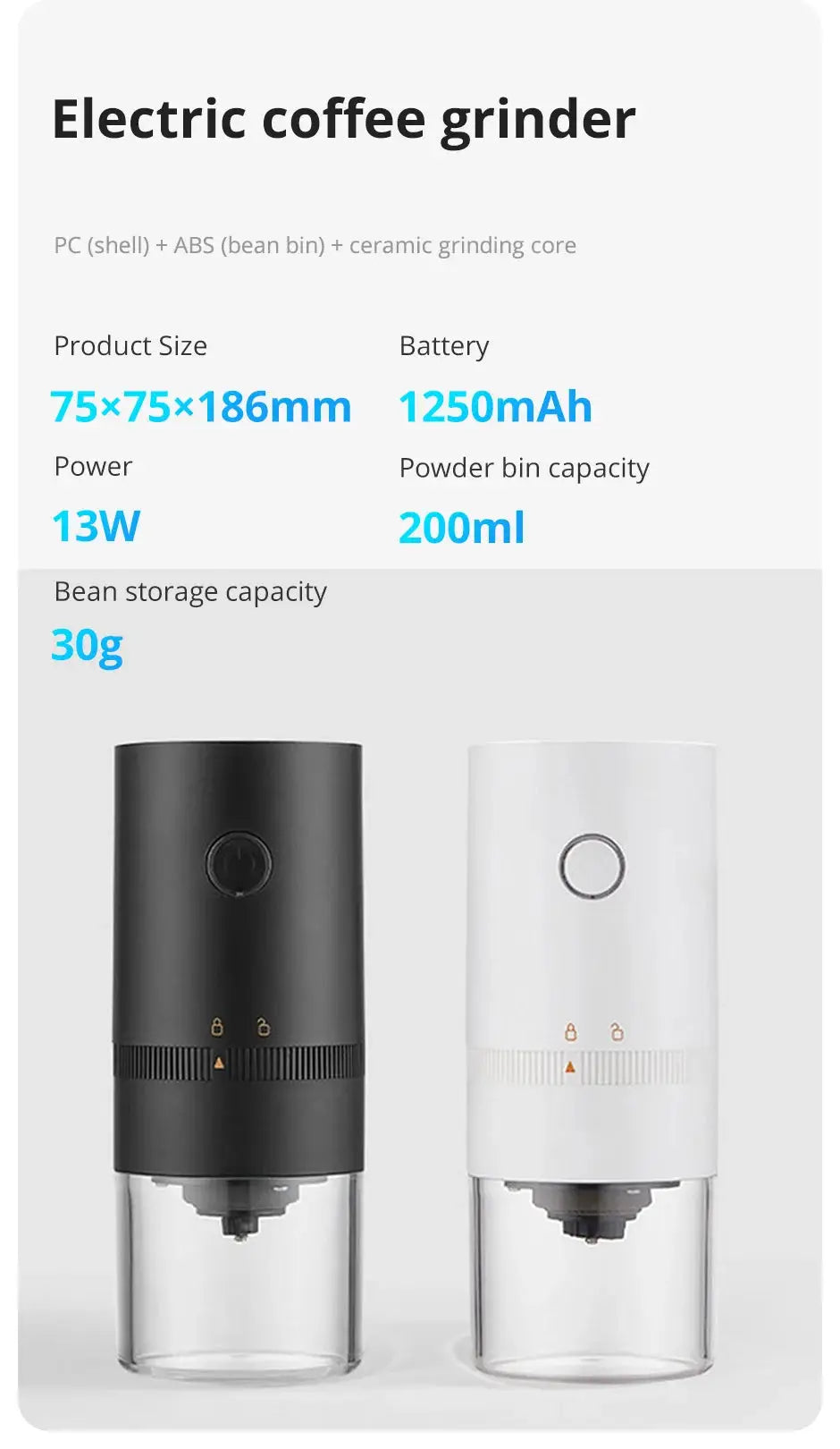 Product specifications of the electric coffee grinder, highlighting battery capacity, power, and bean storage for efficient grinding.