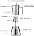 Easyworkz Diego Stovetop Espresso Maker in polished stainless steel with ergonomic handle, 4-cup 6.8 oz induction Moka pot for Italian coffee brewing.