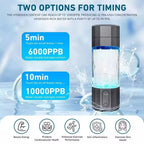 Hydrogen water generator with timing options and health benefits displayed on a blue background