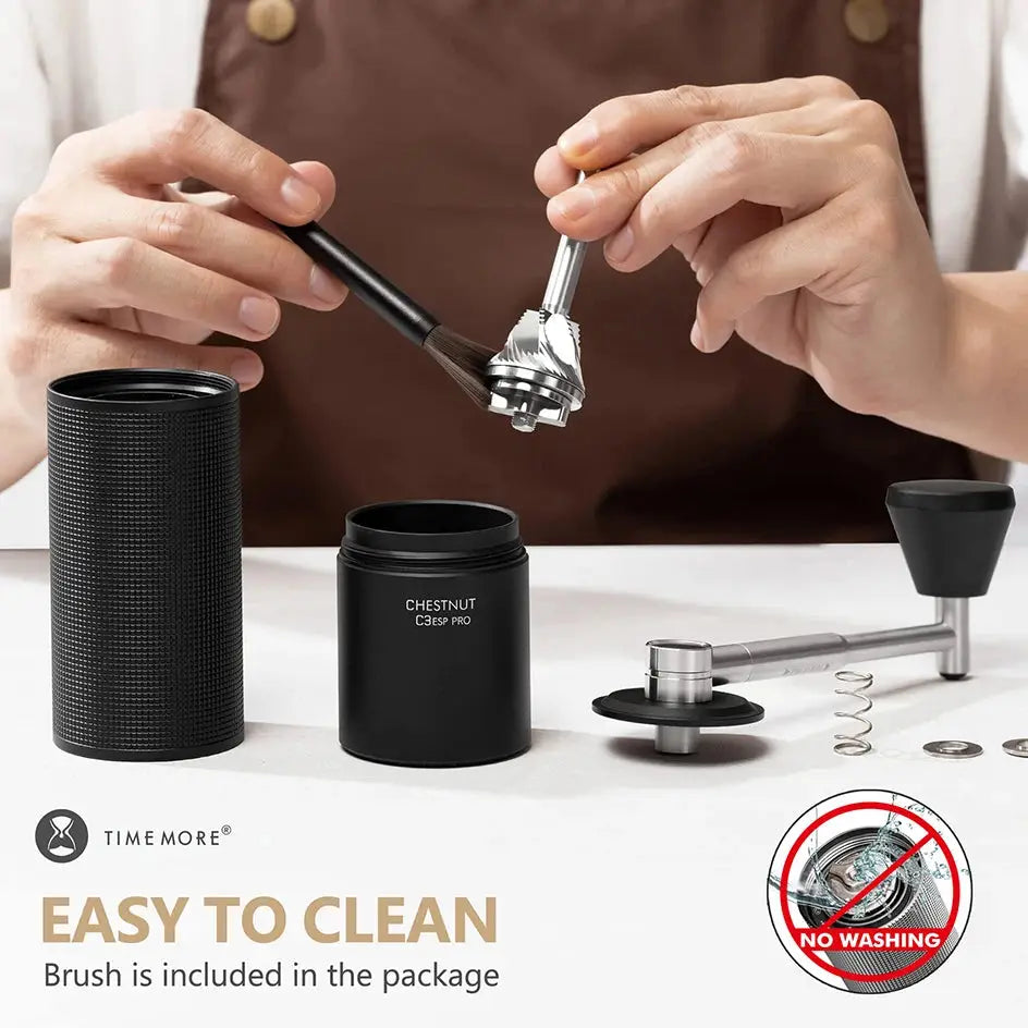 TIMEMORE Chestnut C3ESP PRO Manual Coffee Grinder with 25g capacity, all-metal body and steel burrs, shown with coffee beans and brewed espresso.