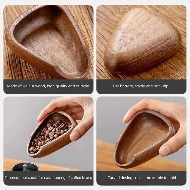 Wooden coffee dosing cup with various features highlighted on a wooden surface.