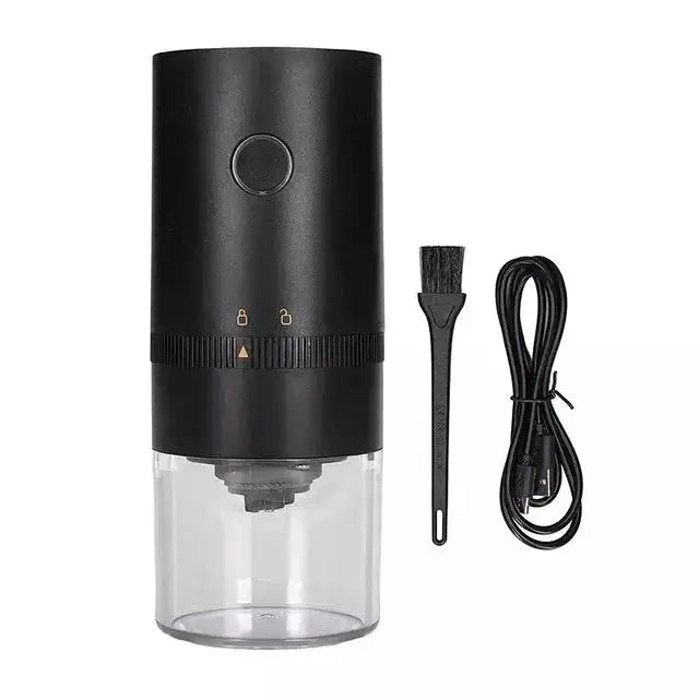 Black USB coffee grinder set with a cleaning brush and charging cable, designed for efficient and portable coffee grinding.