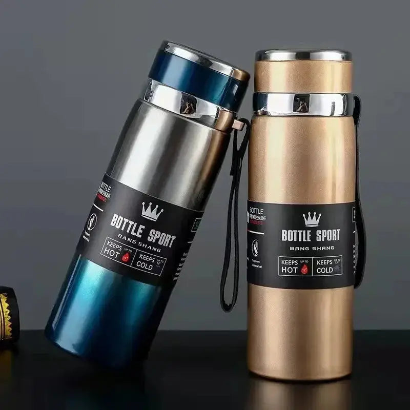 Thermal water bottle with double-walled stainless steel design, keeps drinks hot for 12 hours and cold for 24 hours. Leak-proof and eco-friendly, ideal for travel and sports.