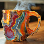 Colorful agate-style mug with a steaming beverage on a wooden surface