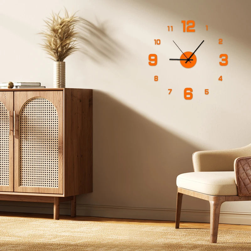 Decorative orange Kitchen wall clock on a wall