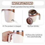Automatic stirring cup with stainless steel interior mixing coffee. Portable and rechargeable, ideal for home and travel use.